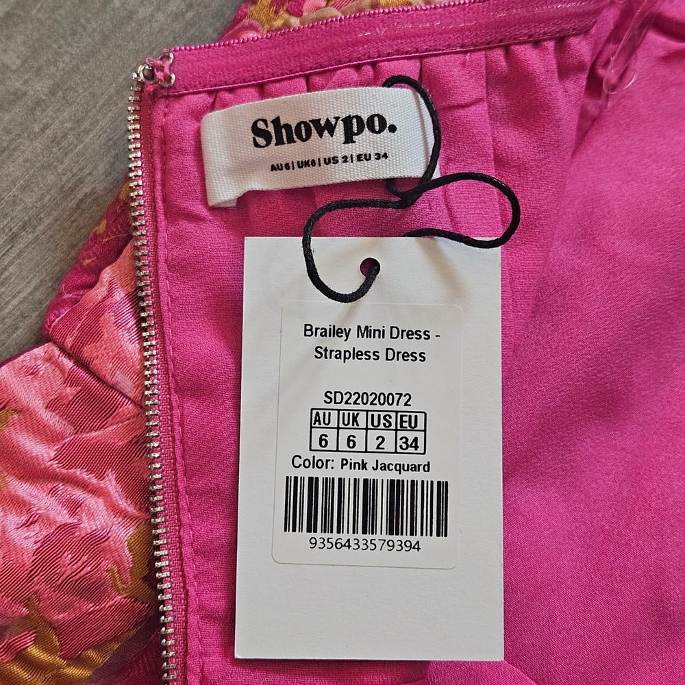 Showpo Brailey Mini Dress Size 2 Pink NEW Floral Jacquard Strapless Cocktail - Picture 9 of 14